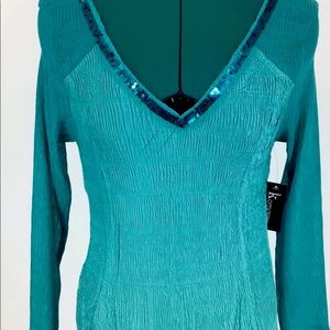 Komarov 3/4 Sleeve Long Teal V-neck Dress, Medium